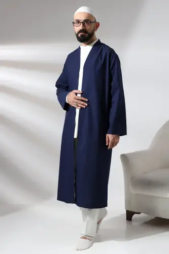 Navy Blue Men's Prayer Robe V-Neck Buttonless Open Front Prayer Robe - ihvanonline (1)