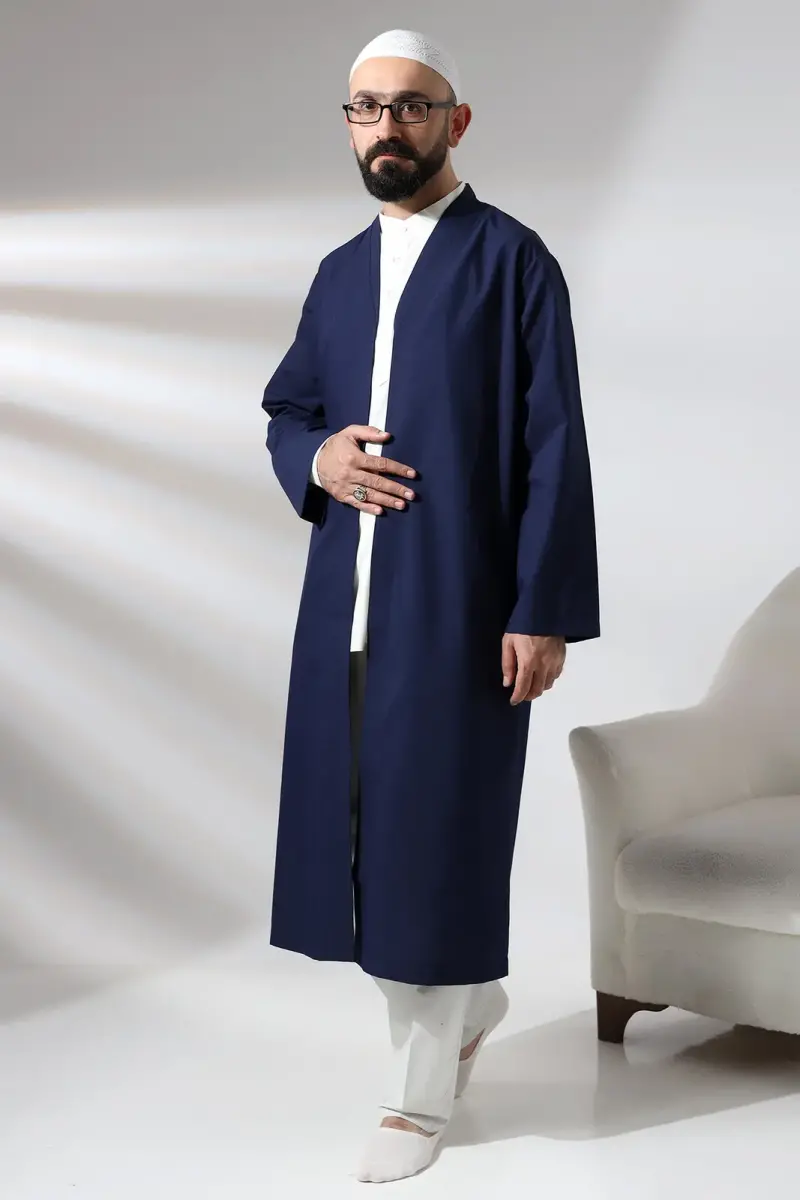Navy Blue Men's Prayer Robe V-Neck Buttonless Open Front Prayer Robe - 2