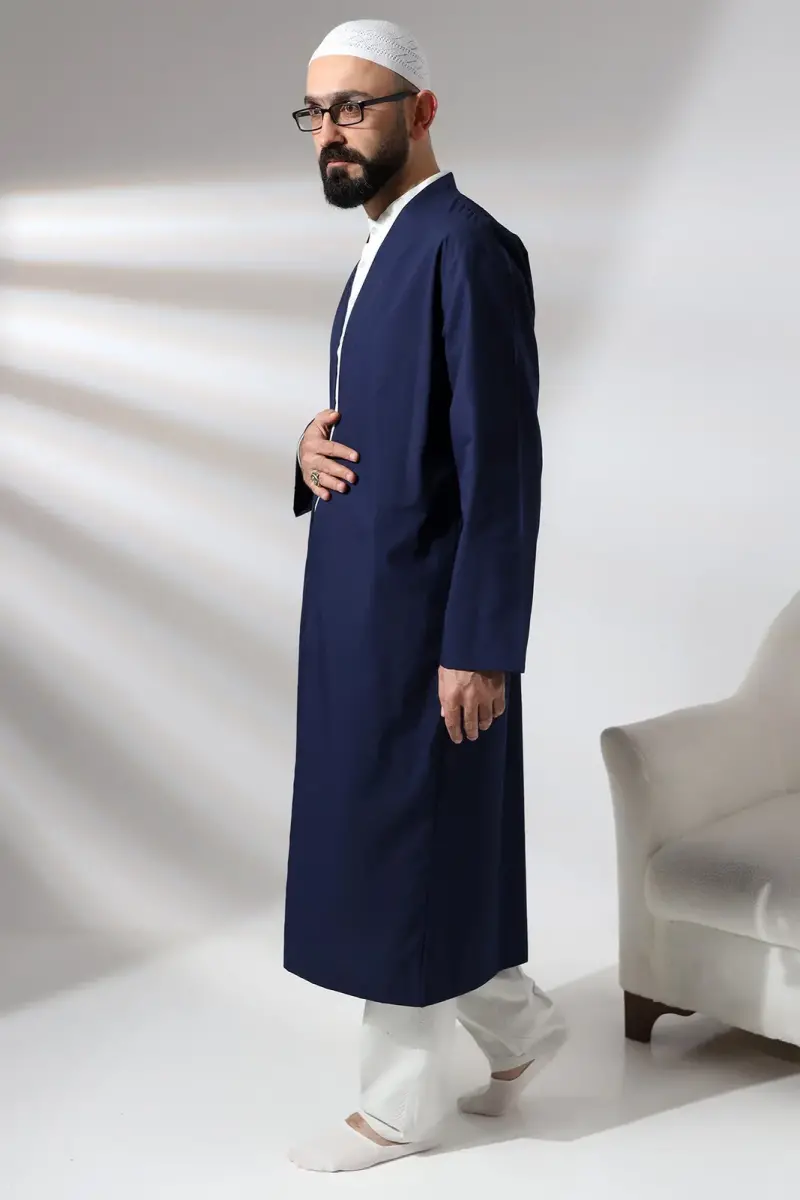 Navy Blue Men's Prayer Robe V-Neck Buttonless Open Front Prayer Robe - 6