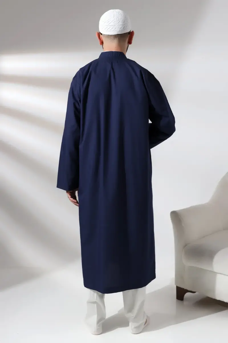 Navy Blue Men's Prayer Robe V-Neck Buttonless Open Front Prayer Robe - 7