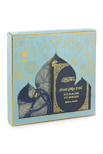 Navy Blue Name Printed Leather Bound Bag Size Yasin Book Prayer Mat Set Mevlit Gift - 3