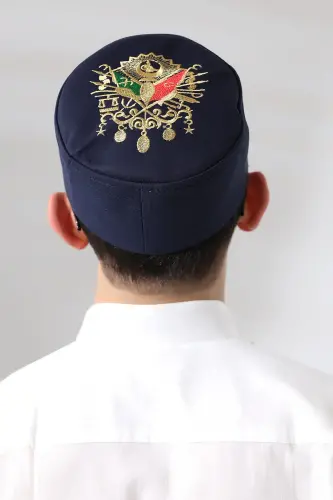 Navy Blue Quilted Ottoman Embroidered Pattern Prayer Skull - ihvanonline (1)