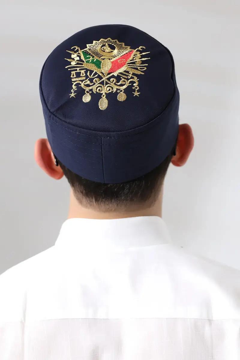 Navy Blue Quilted Ottoman Embroidered Pattern Prayer Skull - 2