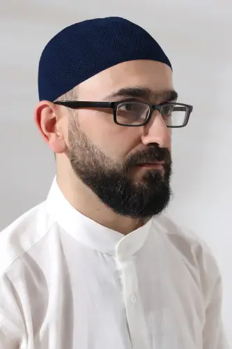 Navy Blue Sapphire Lace Detailed Knitted Prayer Skull - 3