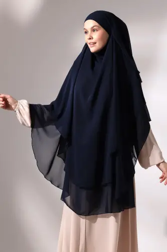 Navy Blue Three Layer Veiled Long Chiffon Hijab Soufflé Scarf - ihvanonline (1)