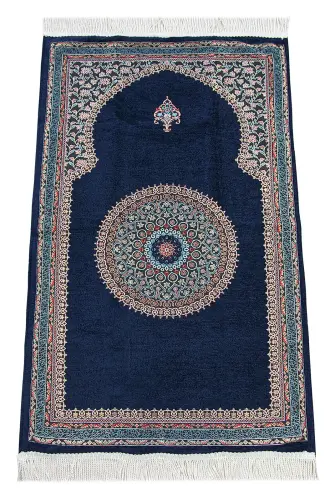 Navy Blue Traditional Motif Knitted Fringed Mihrab Lined Chenille Prayer Rug - 1