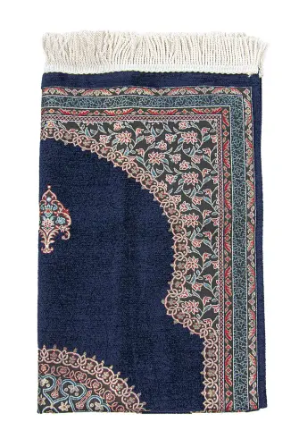Navy Blue Traditional Motif Knitted Fringed Mihrab Lined Chenille Prayer Rug - 2