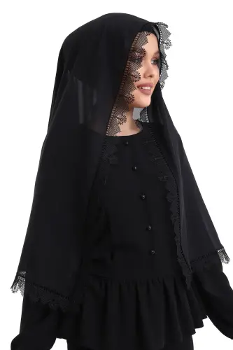 Needle Lace Lacy Scarf Demor Mevlüt Coverlet Black - 6