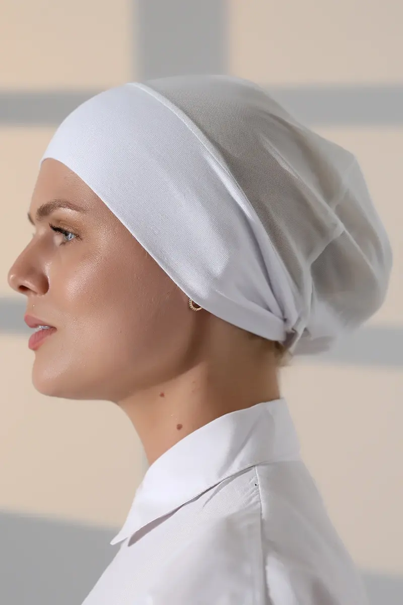 Nefes Alabilen Tüllü Dikişsiz Likralı Viskon Kadın Tesettür Bone Beyaz - 1