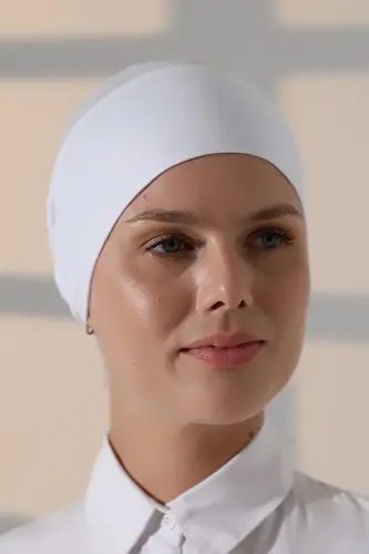 Nefes Alabilen Tüllü Dikişsiz Likralı Viskon Kadın Tesettür Bone Beyaz - 3