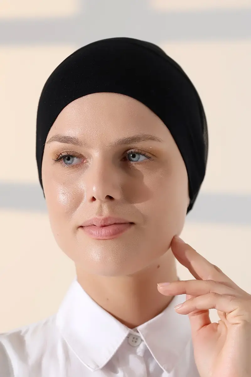 Nefes Alabilen Tüllü Dikişsiz Likralı Viskon Kadın Tesettür Bone Siyah - 5