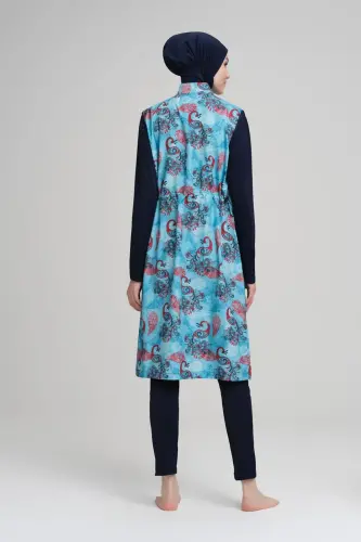 Nehar Şal Desenli Jileli Lacivert Tam Kapalı Tesettür Mayo 2210 - 5