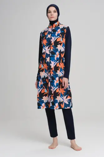 Nehar Turuncu Yaprak Desen Jileli Lacivert Tam Kapalı Tesettür Mayo NHR-22-15-22 