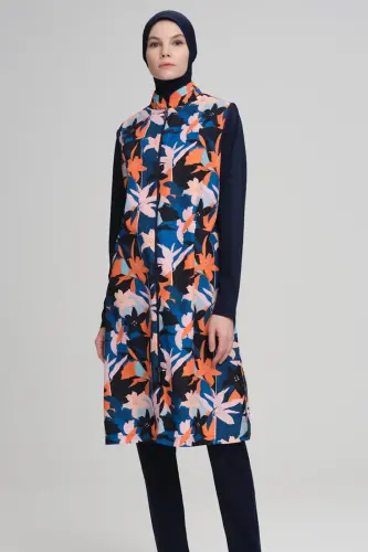 Nehar Orange Leaf Pattern Gilet Navy Blue Fully Covered Hijab Swimsuit - Haşema (1)