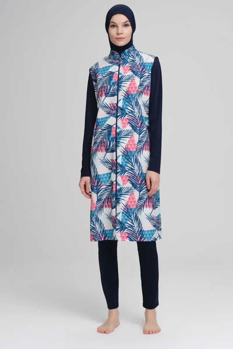 Nehar Palm Patterned Gilet Navy Blue Fully Covered Hijab Swimsuit - 1
