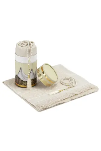 New Kabel Special Cylinder Boxed Prayer Rug Set Cream - ihvanonline (1)