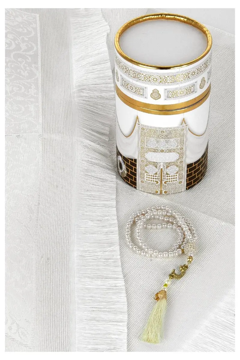 New Kabel Special Cylinder Boxed Prayer Rug Set White - 5