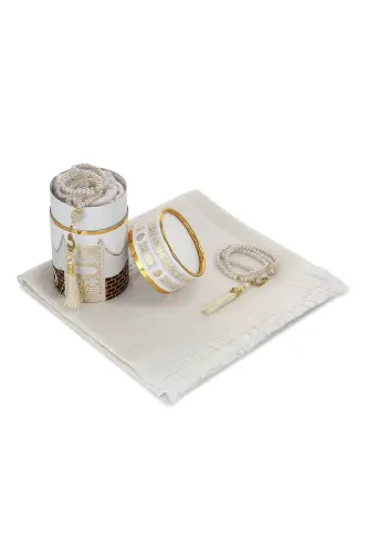 New Kabel Special Cylinder Boxed Prayer Rug Set White - 3