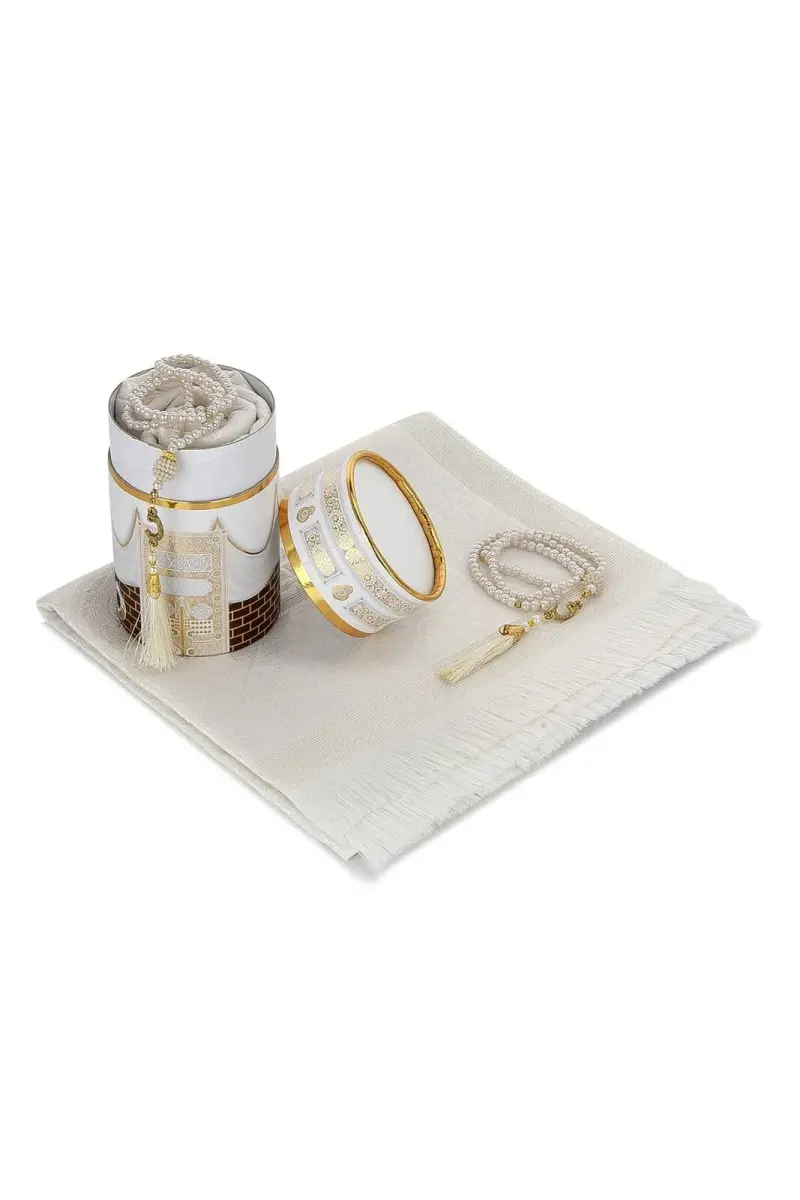 New Kabel Special Cylinder Boxed Prayer Rug Set White - 3