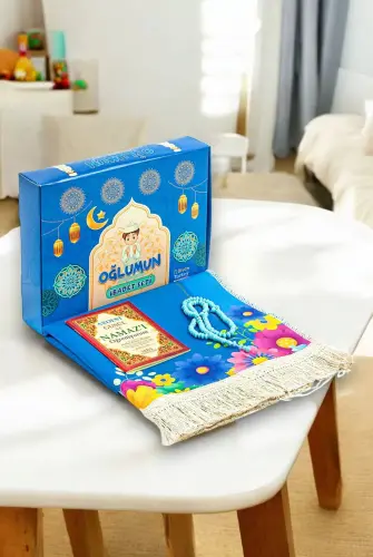 Oğlumun İbadet Seti - Çocuk Seccade Seti - Namaza İlk Adım Set - Mavi - 1