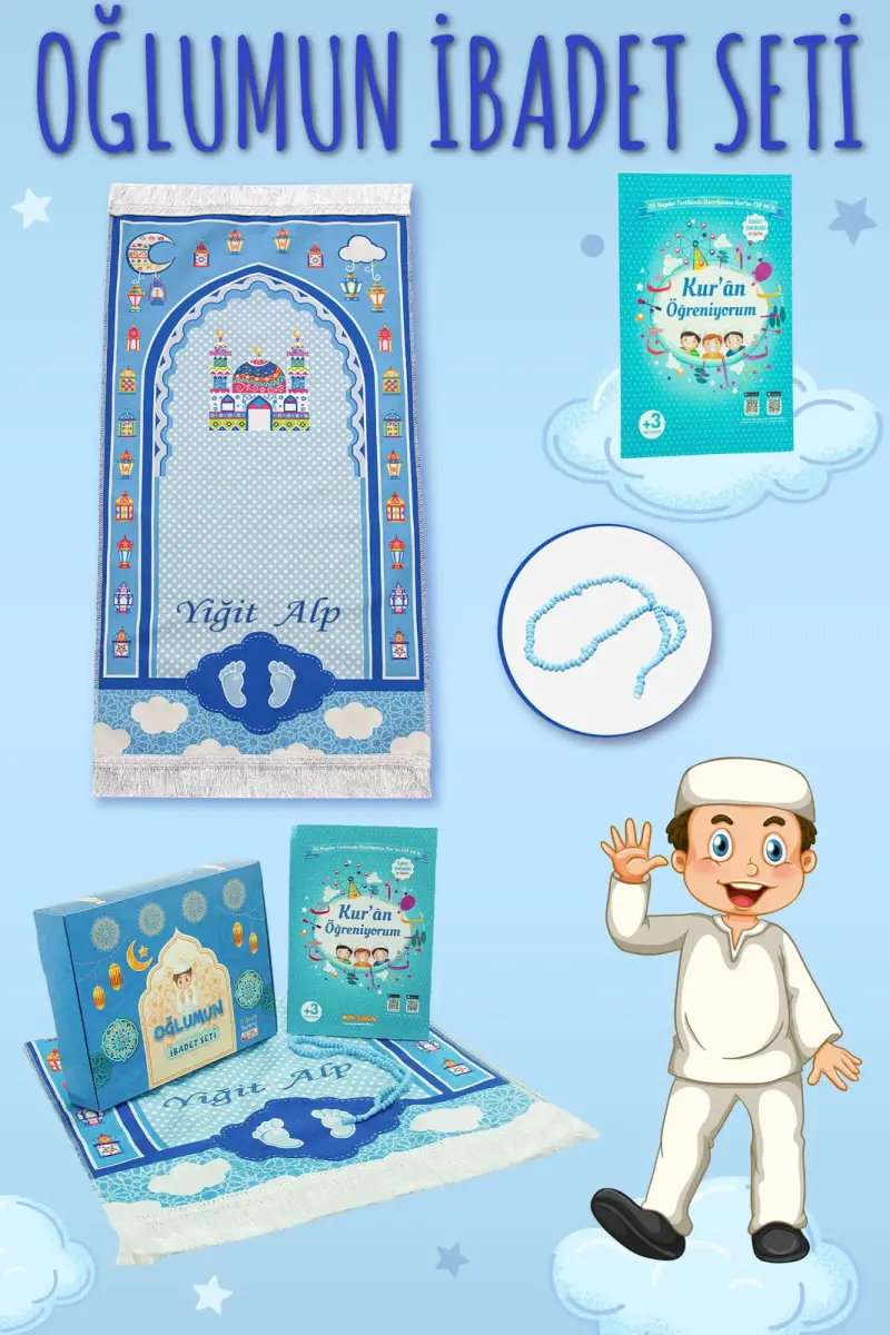 Oğlumun İbadet Seti Erkek Çocuk İsimli Seccade, Kuran Öğreniyorum Elifba Kitabı Seti Mavi - 1