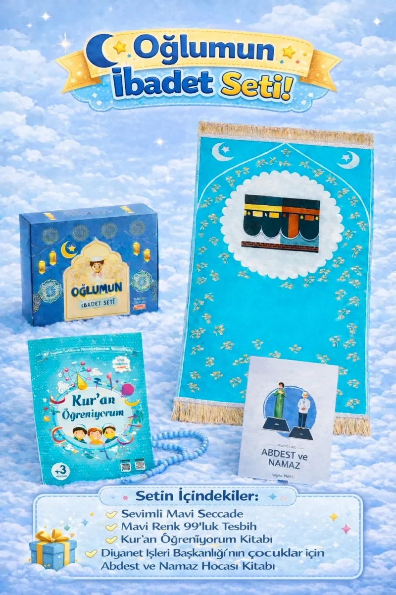 Oğlumun İbadet Seti Kabe Desenli Erkek Çocuk Seccade, Elifba ve Namaza İlk Adım Seti - 1