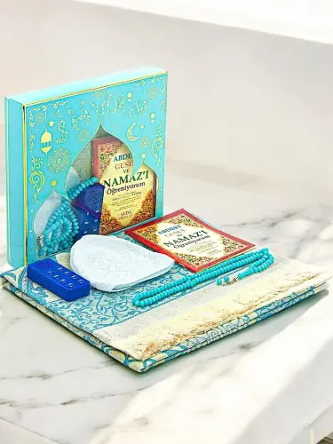 Oğlumun Sesli Namaz Öğretici Seccade Seti Mavi(Namaz Kıldıran Seccade) 