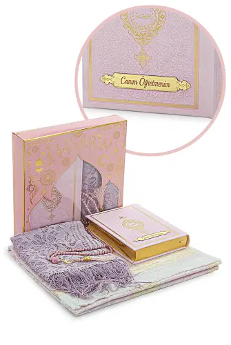 Öğretmenler Gününe Özel Kuranı Kerim Şal ve Seccade Seti Pembe 