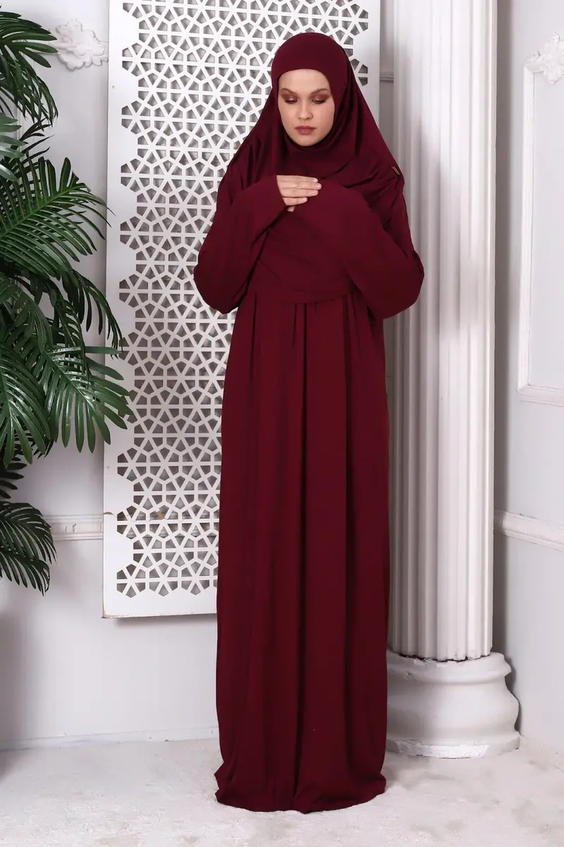 One Piece Practical Hijab and Robe Prayer Dress 8015 Claret Red - 1