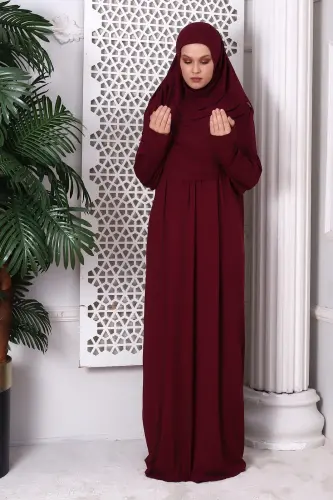One Piece Practical Hijab and Robe Prayer Dress 8015 Claret Red - ihvanonline (1)