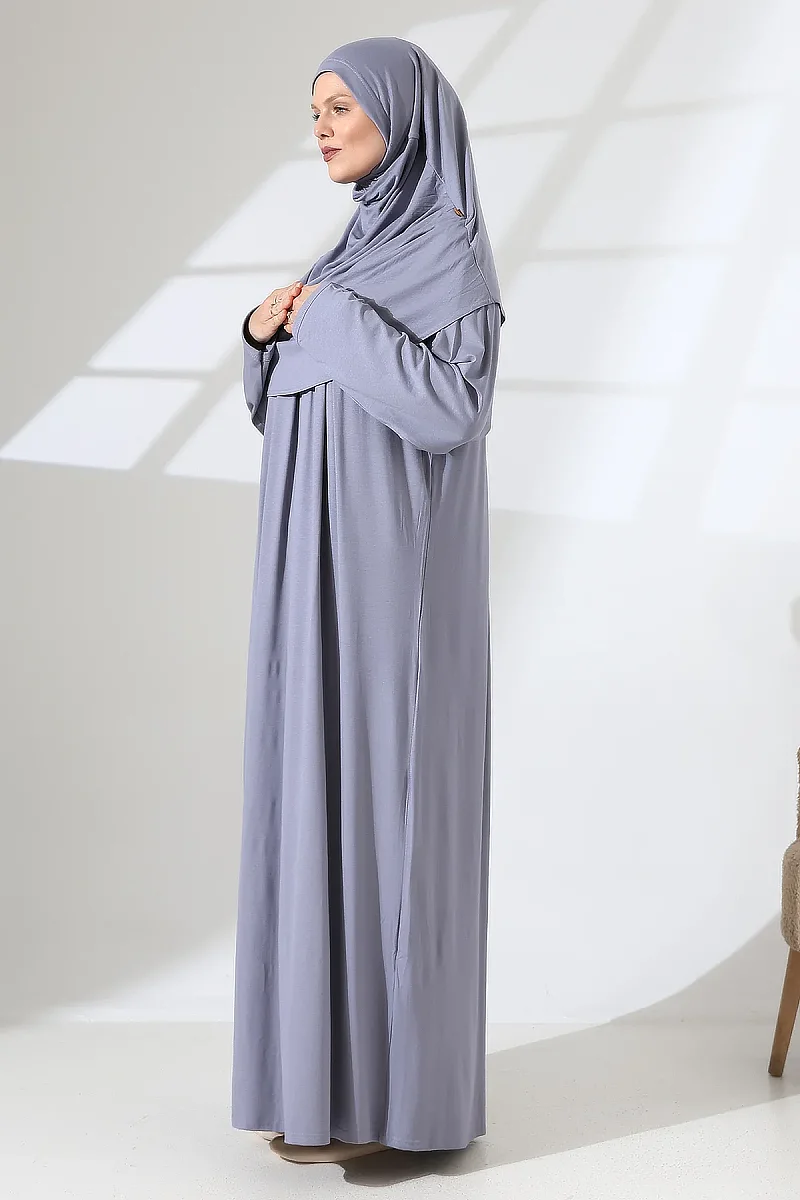 One Piece Practical Hijab and Robe Prayer Dress 8015 Gray - 6
