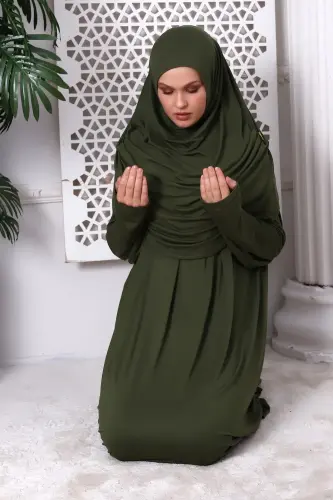 One Piece Practical Hijab and Robe Prayer Dress 8015 Khaki - 5