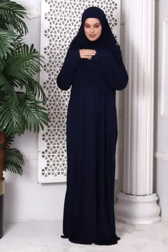 One Piece Practical Hijab and Robe Prayer Dress 8015 Navy Blue - ihvanonline (1)
