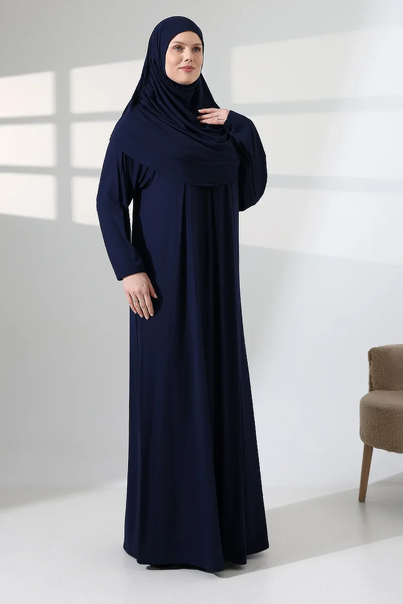 One Piece Practical Hijab and Robe Prayer Dress 8015 Navy Blue - 3