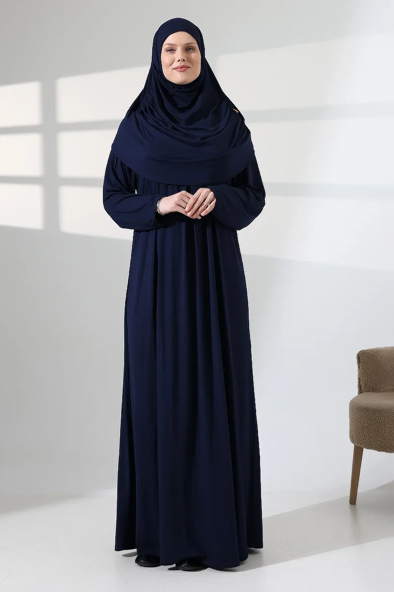 One Piece Practical Hijab and Robe Prayer Dress 8015 Navy Blue - 4