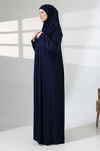 One Piece Practical Hijab and Robe Prayer Dress 8015 Navy Blue - 6