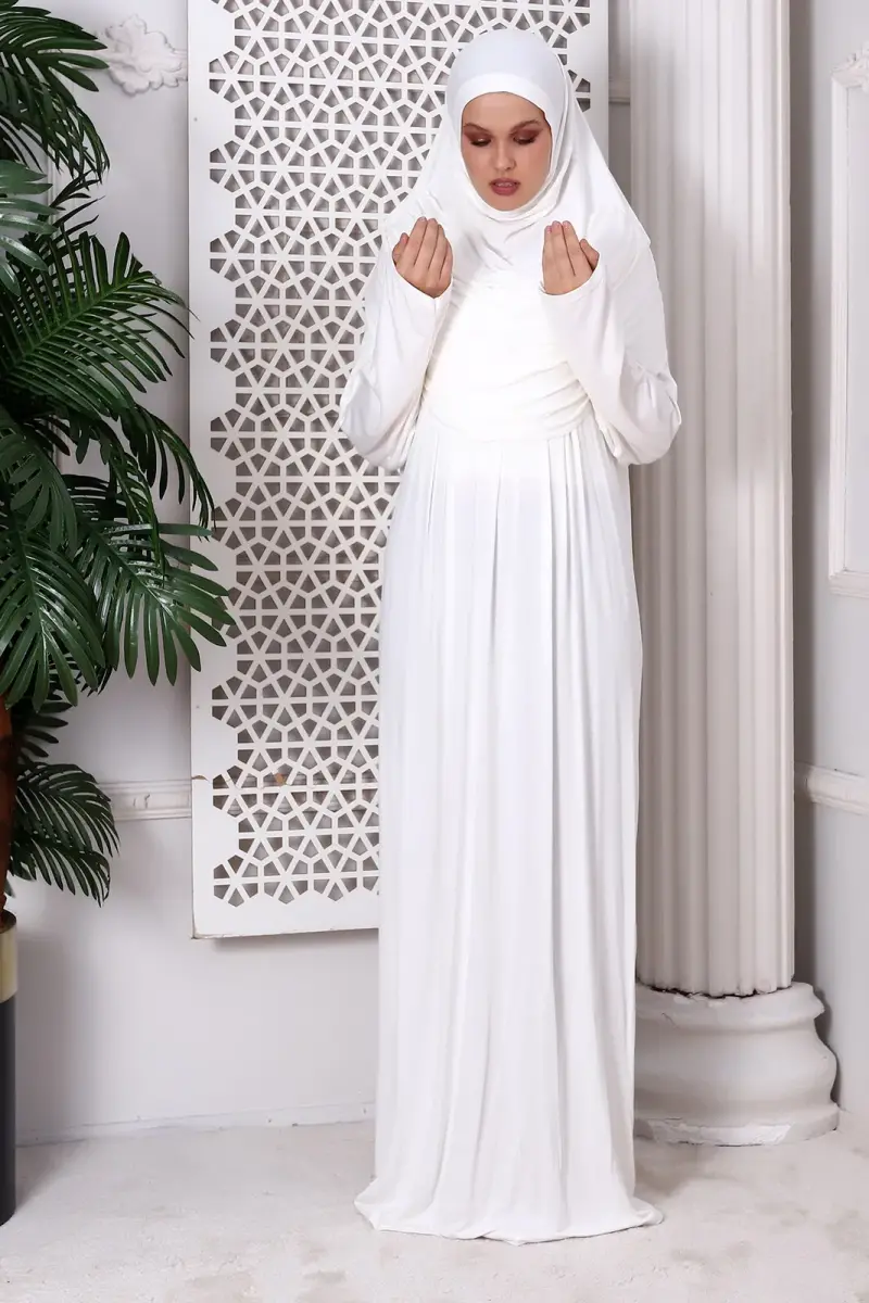One Piece Practical Hijab and Robe Prayer Dress 8015 Off White - 2