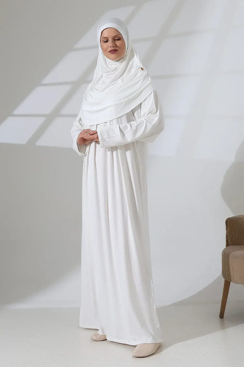 One Piece Practical Hijab and Robe Prayer Dress 8015 Off White - 2