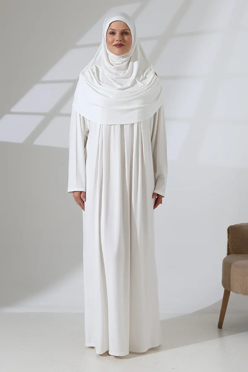One Piece Practical Hijab and Robe Prayer Dress 8015 Off White - 4