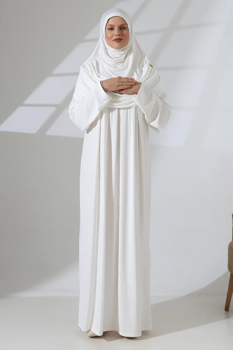 One Piece Practical Hijab and Robe Prayer Dress 8015 Off White - 5
