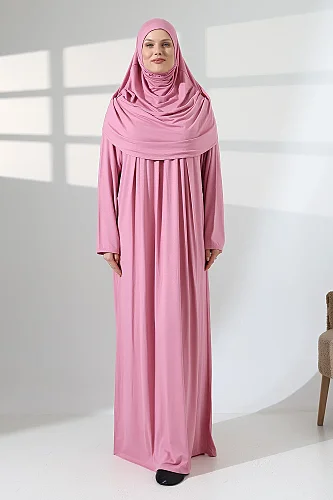 One Piece Practical Hijab and Robe Prayer Dress 8015 Pink - ihvanonline (1)