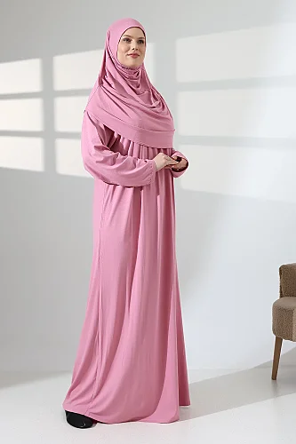 One Piece Practical Hijab and Robe Prayer Dress 8015 Pink - 5