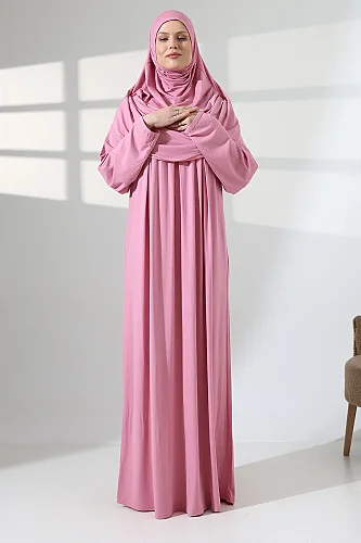 One Piece Practical Hijab and Robe Prayer Dress 8015 Pink - 3