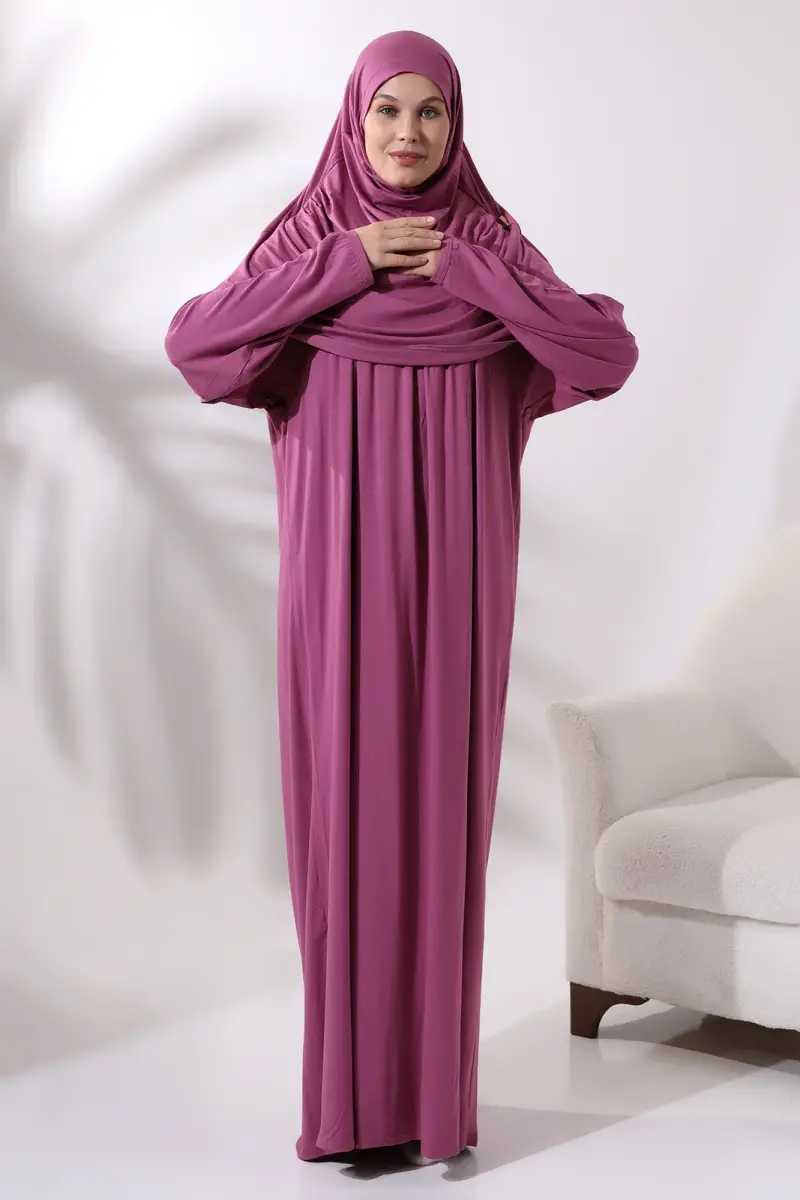 One Piece Practical Hijab and Robe Prayer Dress 8015 Pink - 6