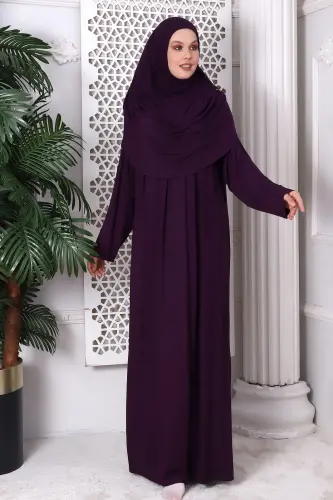 One Piece Practical Hijab and Robe Prayer Dress 8015 Plum - 2