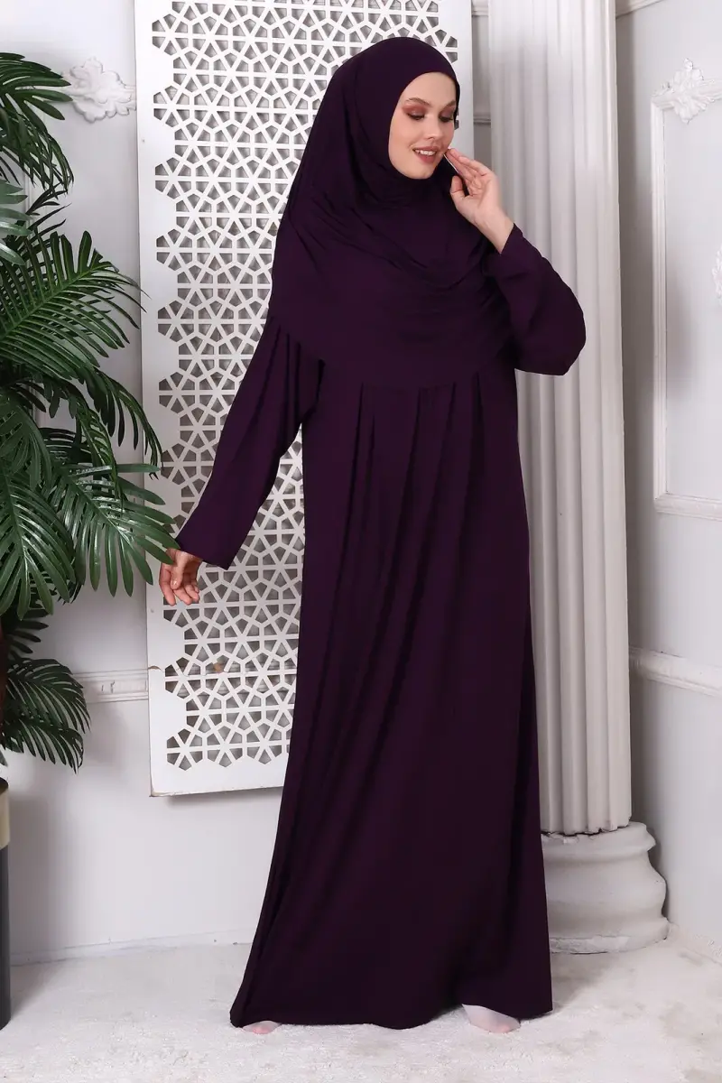 One Piece Practical Hijab and Robe Prayer Dress 8015 Plum - 3