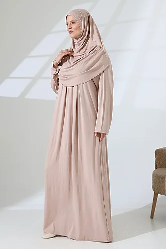 One Piece Practical Prayer Dress with Headscarf and Robe 8015 Beige - ihvanonline (1)