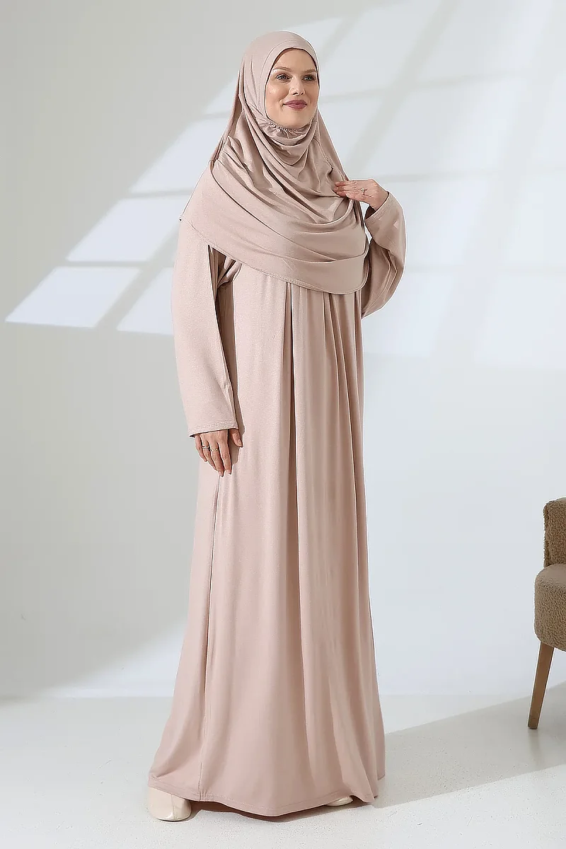 One Piece Practical Prayer Dress with Headscarf and Robe 8015 Beige - 3