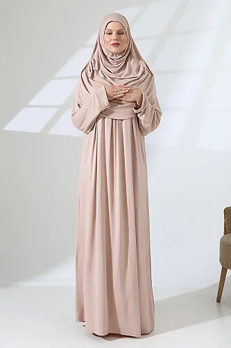 One Piece Practical Prayer Dress with Headscarf and Robe 8015 Beige - 4