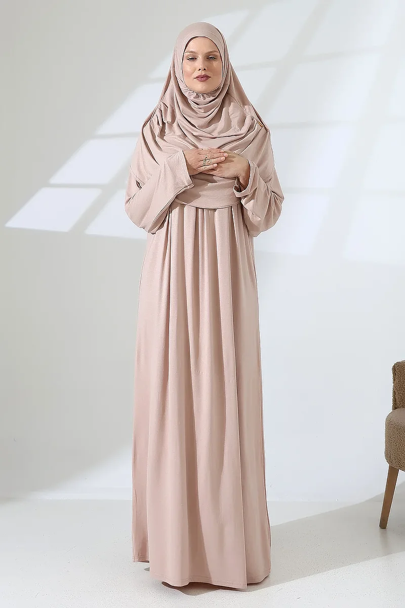 One Piece Practical Prayer Dress with Headscarf and Robe 8015 Beige - 4